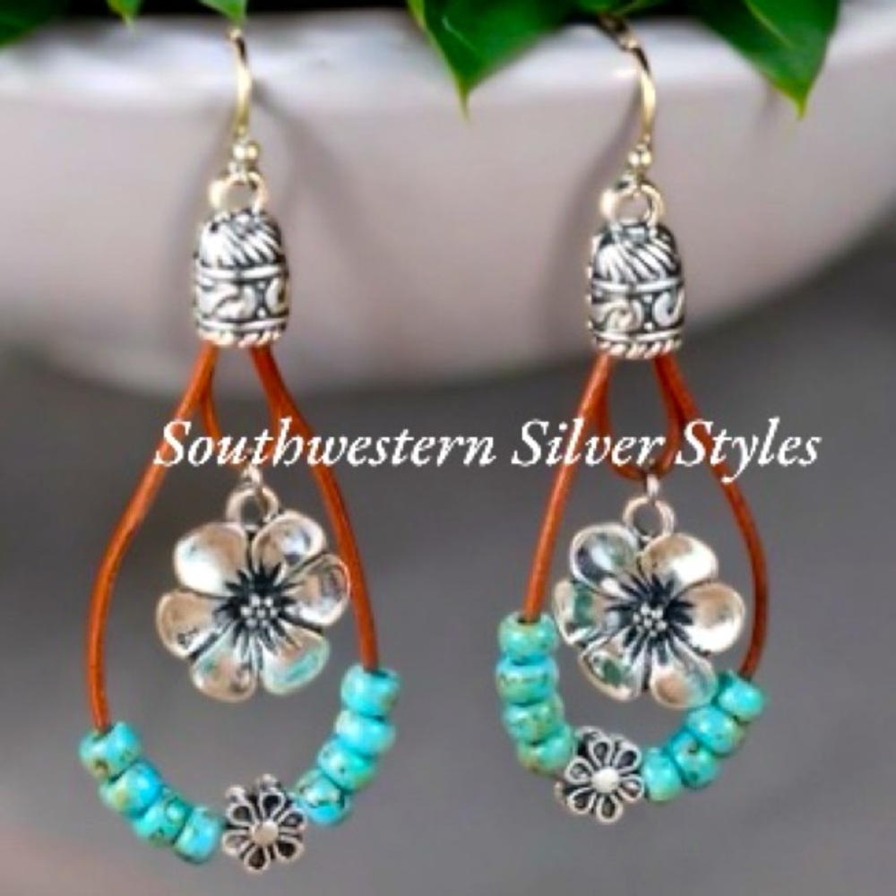 NEW Turquoise Beads Leather Rope Design Silver Plated Plum Flower Hook Earrings
